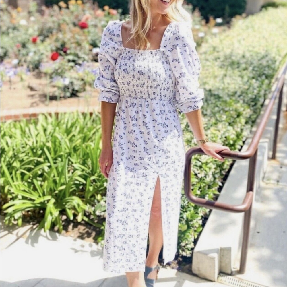 House of Harlow 1960 Linen White Floral Slit Midi Dress